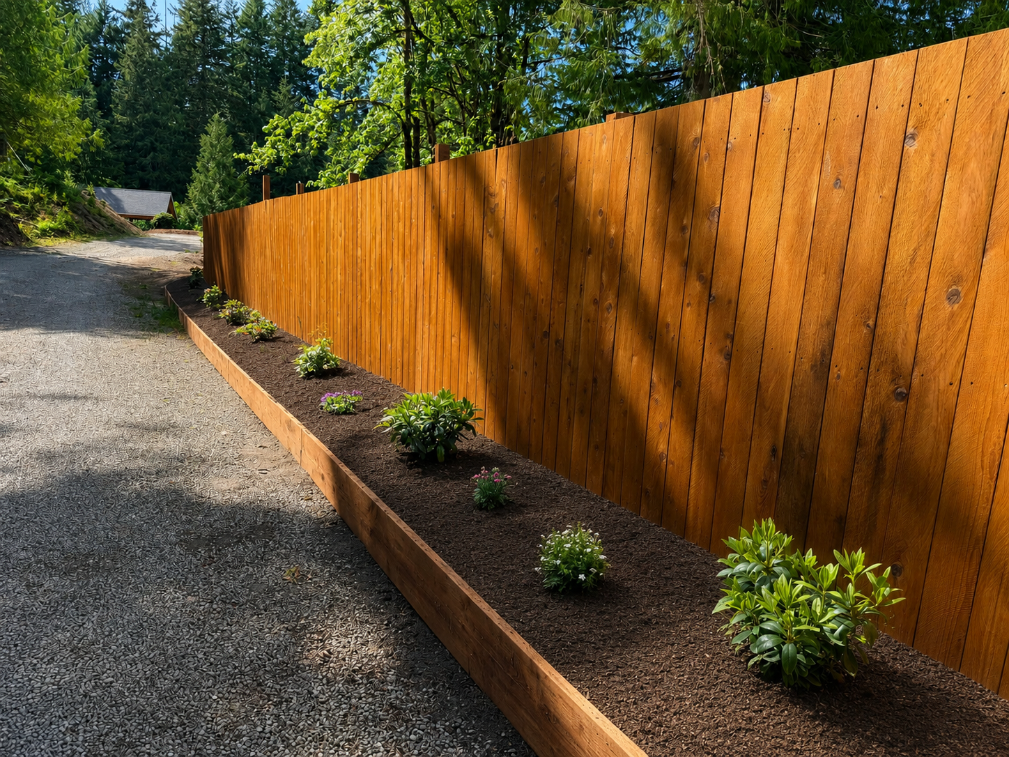 Completed landscaped bed along a cedar fence