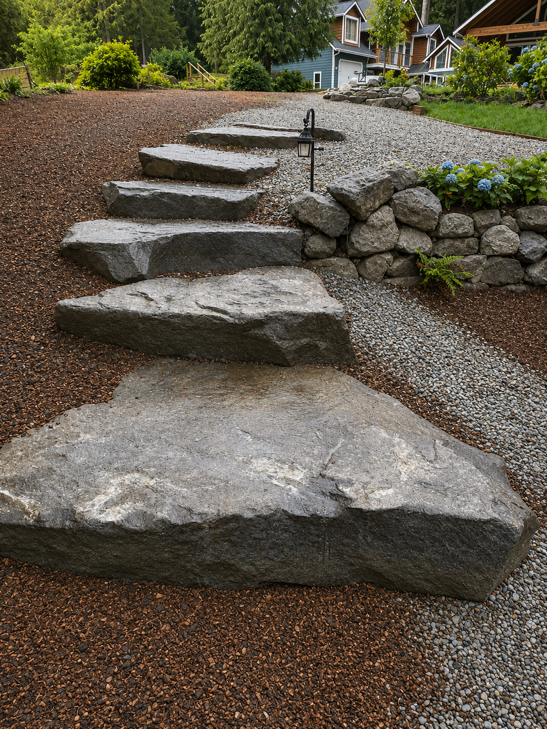 Large natural stone steps set into a landscaped slope